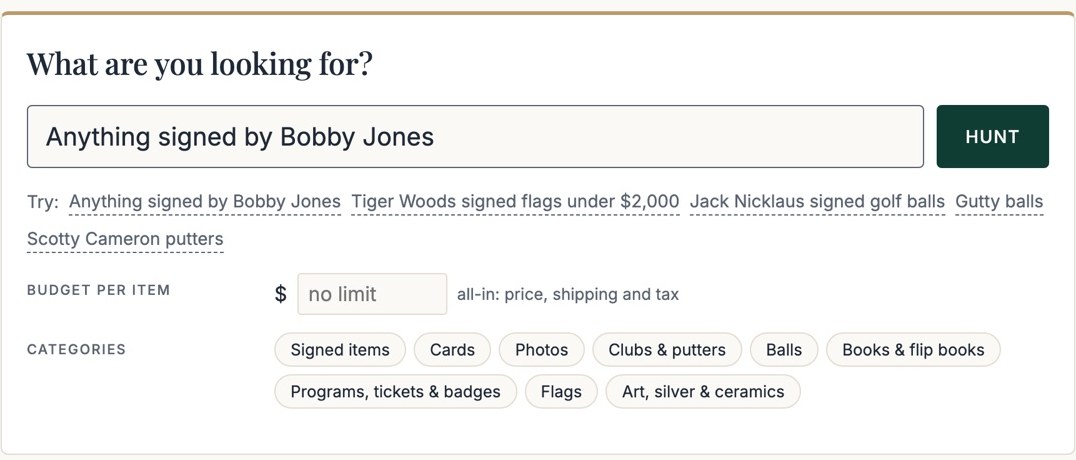 Treasure Hunter landing page with a large target box reading 'Anything signed by Bobby Jones', example searches, budget and category options