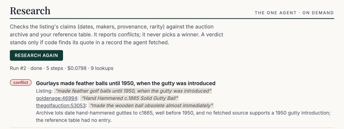 Research panel for a feather ball lot: the claim that Gourlays made feather balls until 1950 is flagged as a conflict, with quoted sources from other archived lots